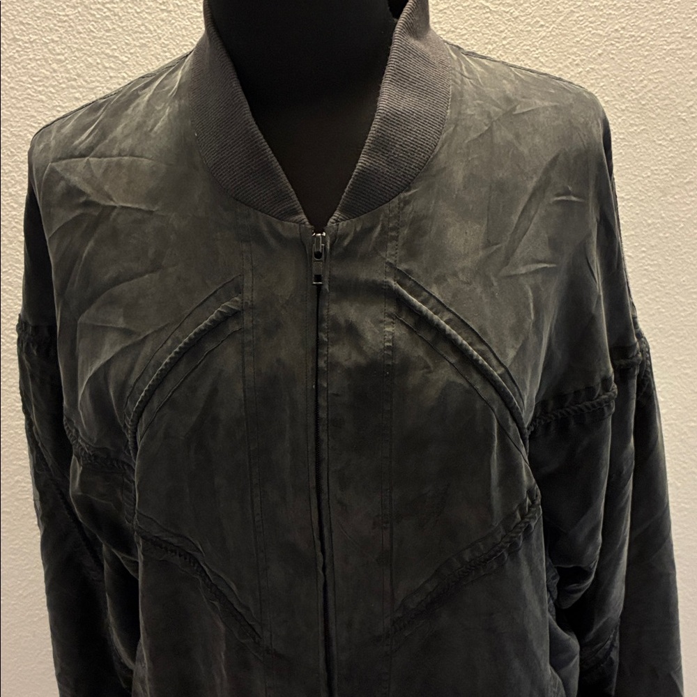 Genelli Mens Washed Silk Black Bomber Jacket - Zipper Front/pockets L  52” chest